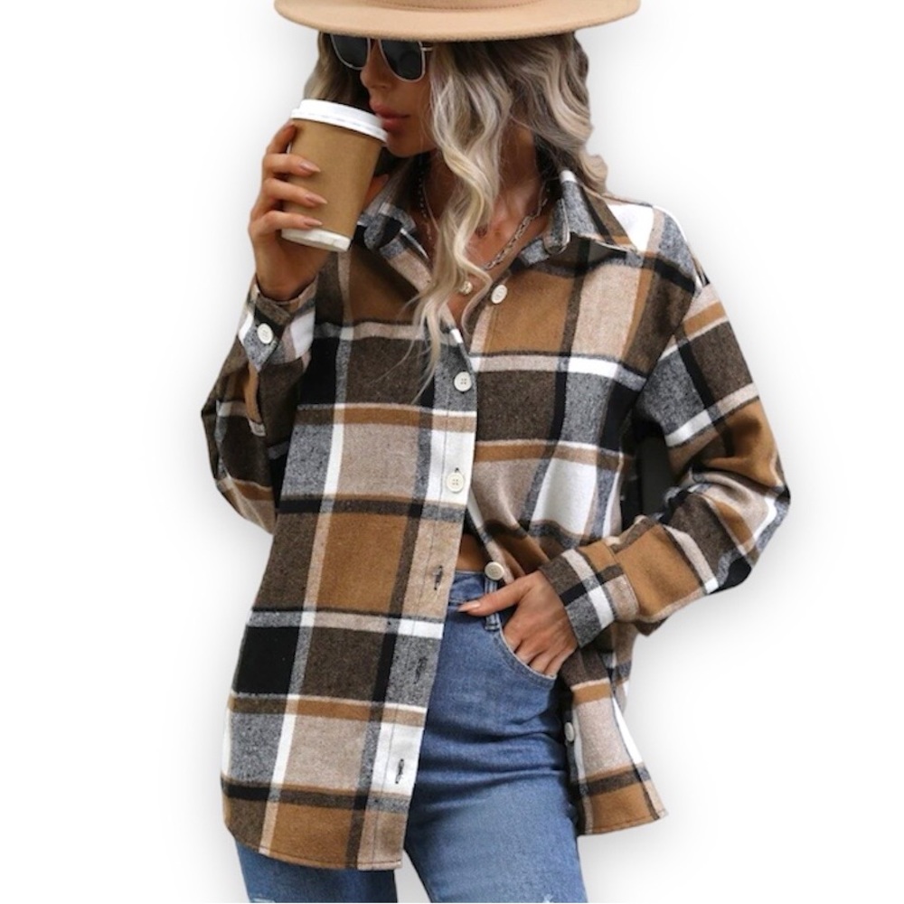 New Bohemian Casual Khaki Soft Collard Plaid Print Button Front Blouse Large - Picture 3 of 11